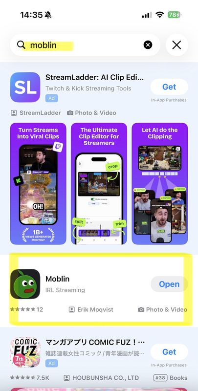App Storeでmoblinを検索